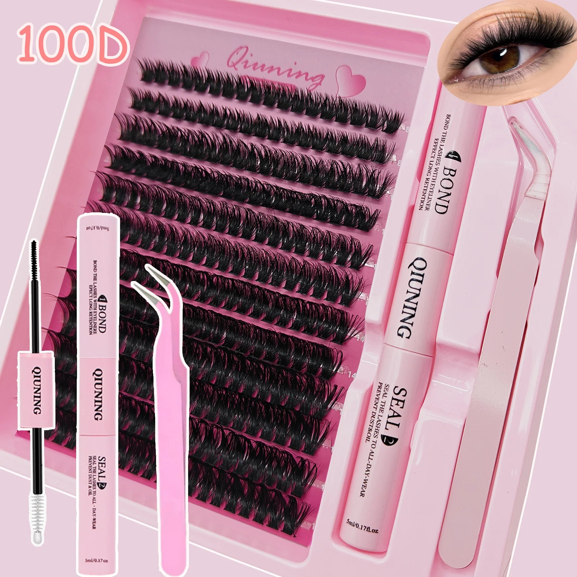 QIUNING Eyelash Clusters Kit Fluffy Individual Lashes Lash Bond and Seal and Remover Faux Mink Lashes Eyelash Extension DIY