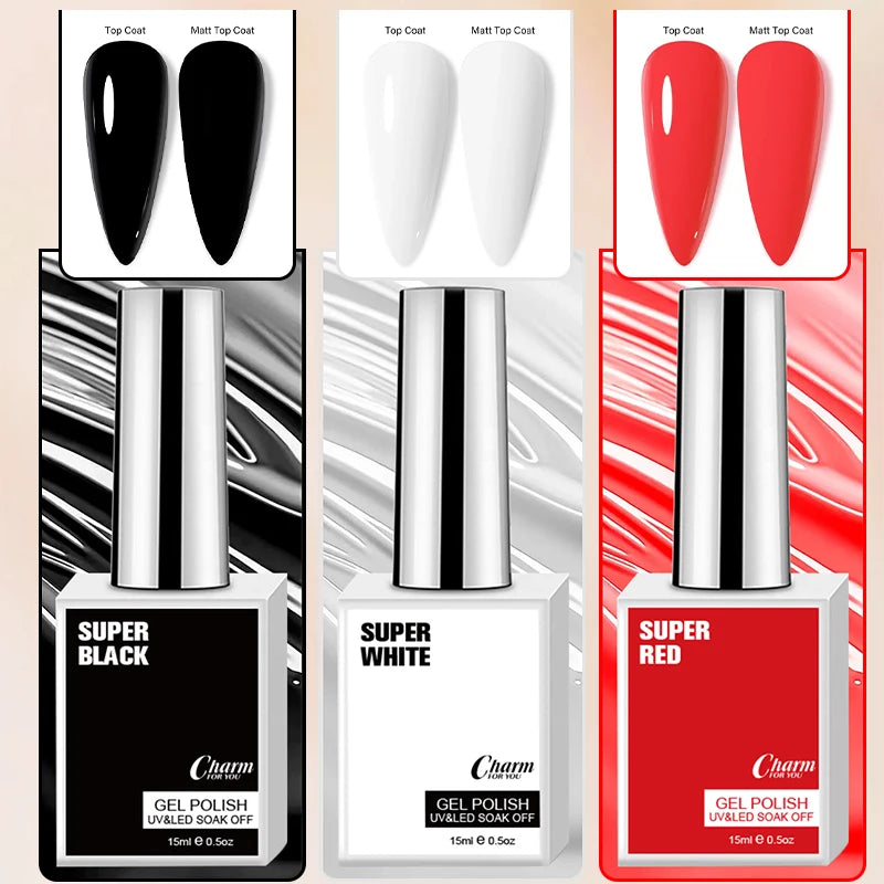 15ml Classic Gel Nail Polish, Vibrant Black,White Red Shades Varnish Easy Soak Off UV LED Nail Gel for Home Salon & DIY Nail Art