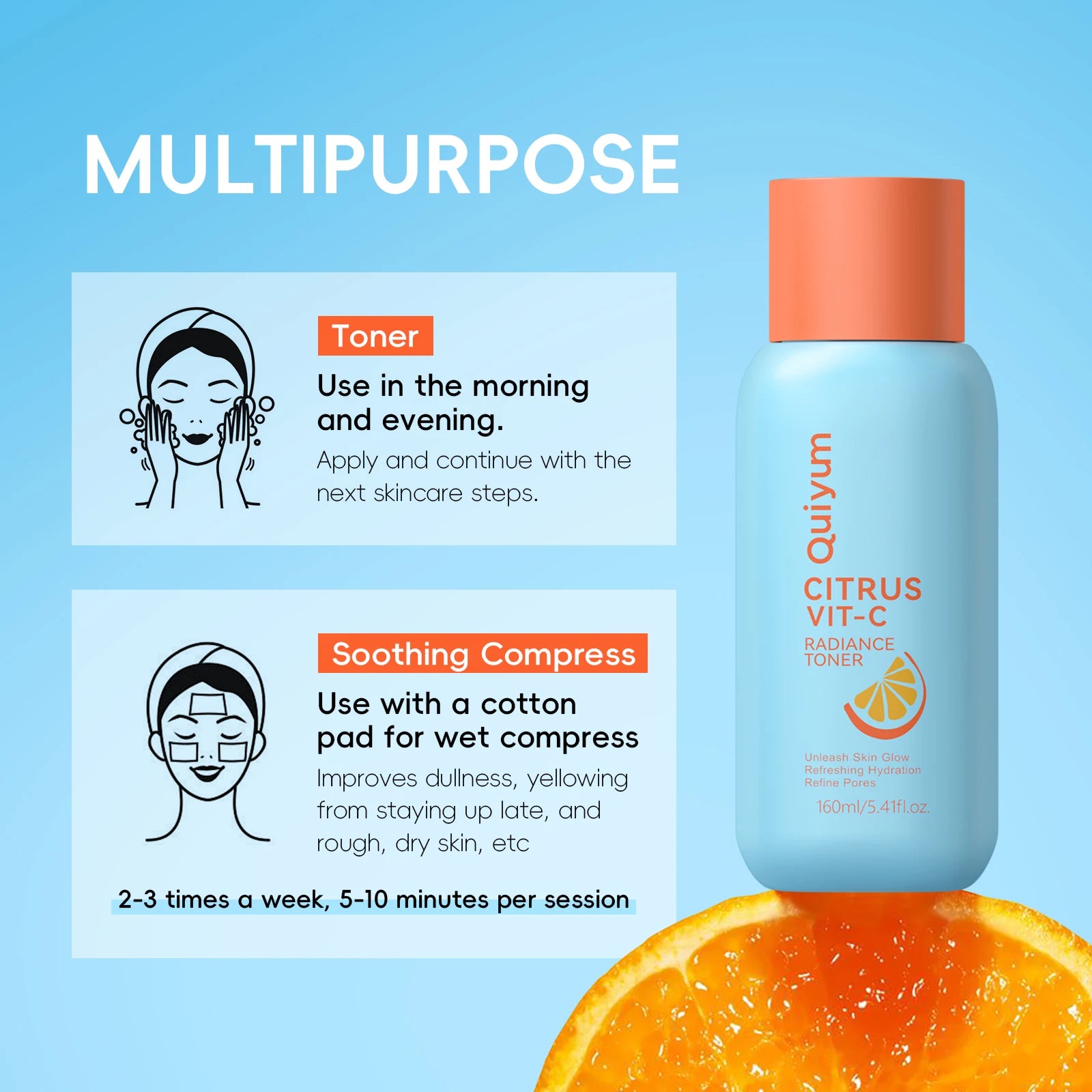 Quiyum Citrus Vit‑C Radiance Toner 160ml Refreshing Hydrating Facial Lotion Refine Pores Boost Natural Skin Glow Daily Skin Care