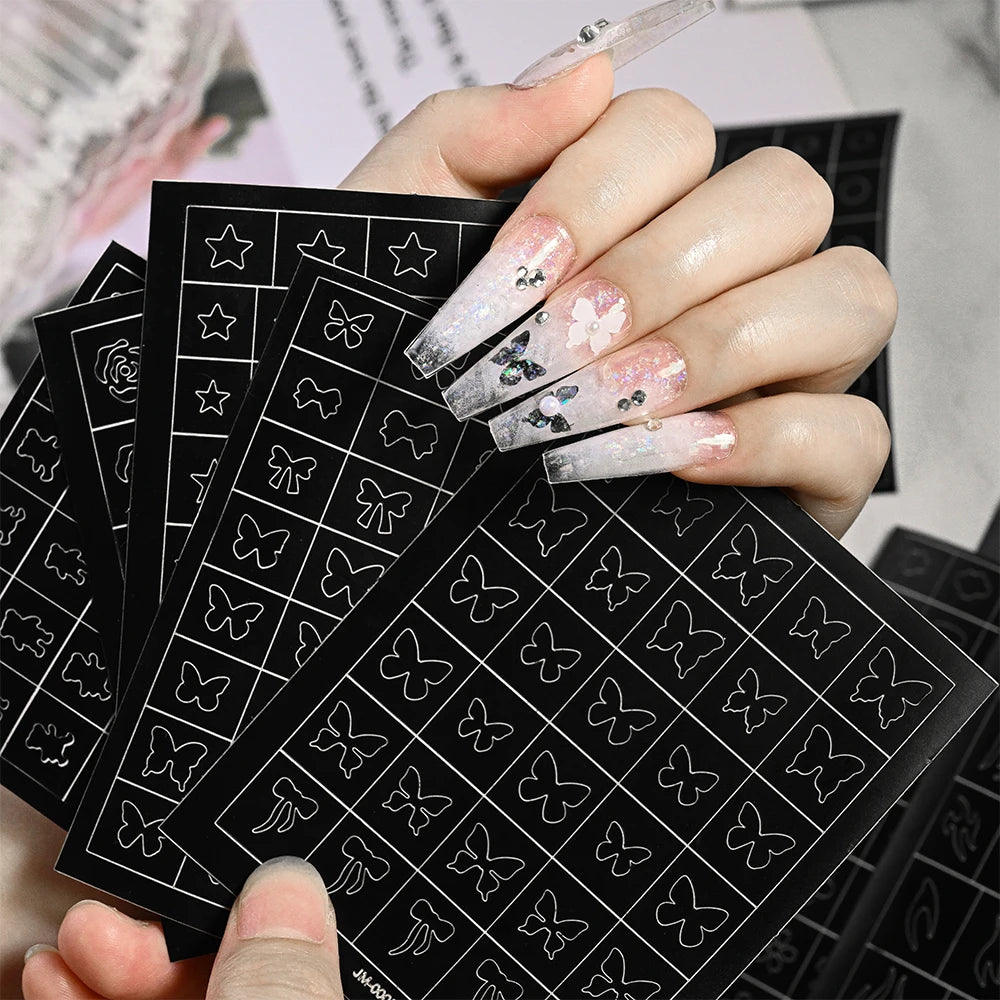 24 Patterns Airbrush Stencils Nail Art Stickers Hollow Butterfly/Flower/Bow/French Line Printing Templates Nail Decal DIY Tools