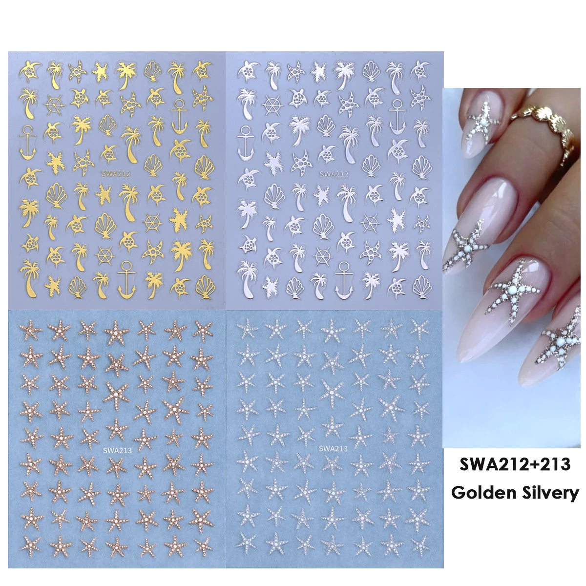 4pcs Bronzing Marine Life Nail Stickers Gold Silver Glitter Starfish Design Sliders Metal Sea Turtle Summer Decals Manicure Tips