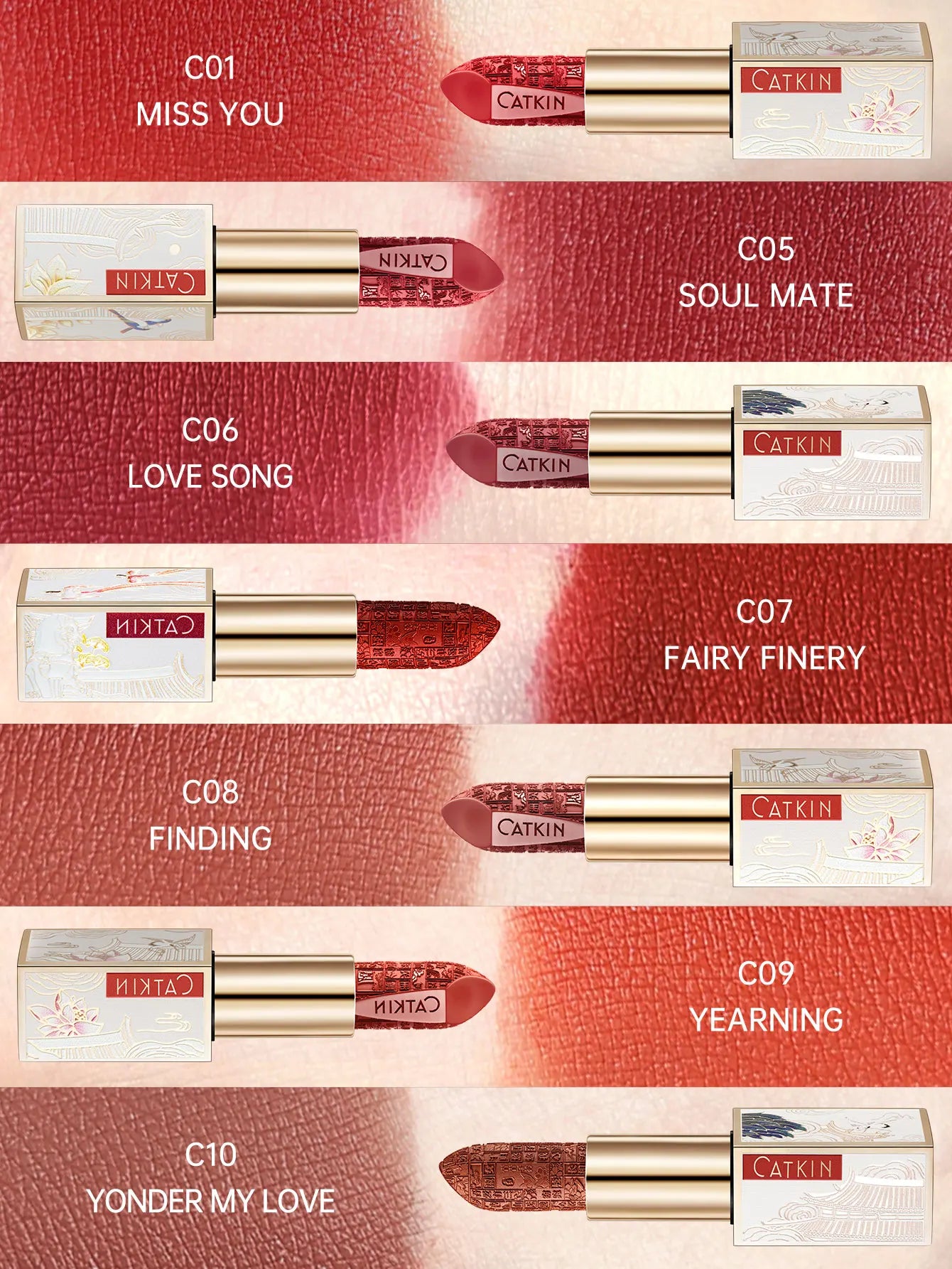 CATKIN Dreamworld Carving Lipstick, Waterproof Long Lasting Satin Nourish Moisturizing Smooth Soft 0.13 Ounce-Chinese Style