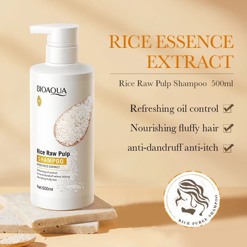 500ML Rice Puree Shampoo Refreshing Anti Dandruff Anti Itch Oil Control Nourishing Fluffy Hair Deep Cleaning Hair Shampoo