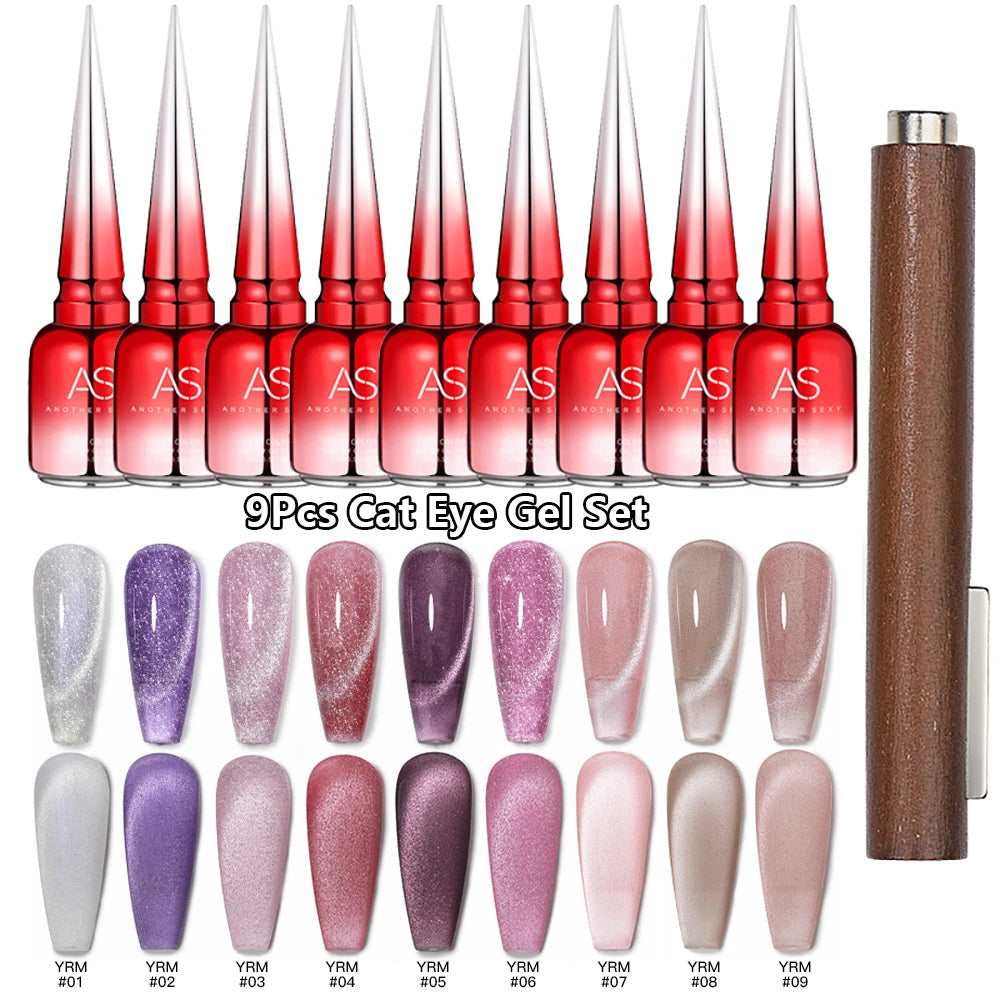 AS 9pcs Cat Eye Magnetic Moonlight Gel Nail Polish Set 15ml Sparkle White Silver Water Light Red UV Gel Nail Art Manicure Vernis