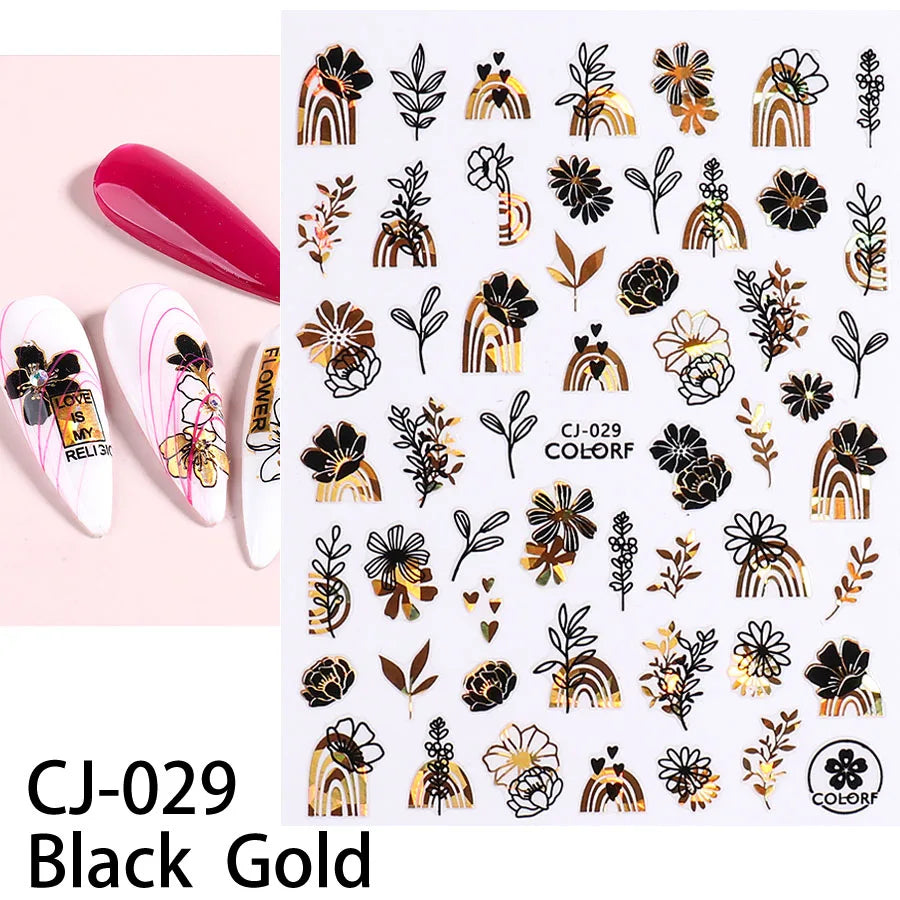 Shiny Gold Star Moon Sun Nail Stickers for Manicure Accessories Heart Feather Animals Printing Self Adhesive Nail Wrap