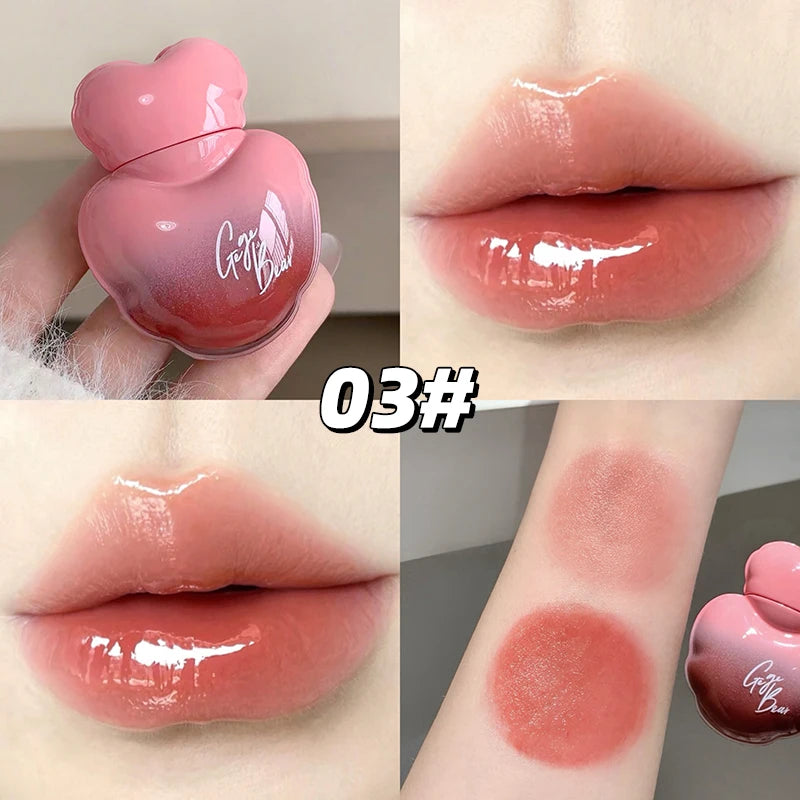 Gege Bear Heart Shape Water Light Lip Llaze Mirror Lipstick Lip Gloss, Hydrating Moisturizing, Long Lasting