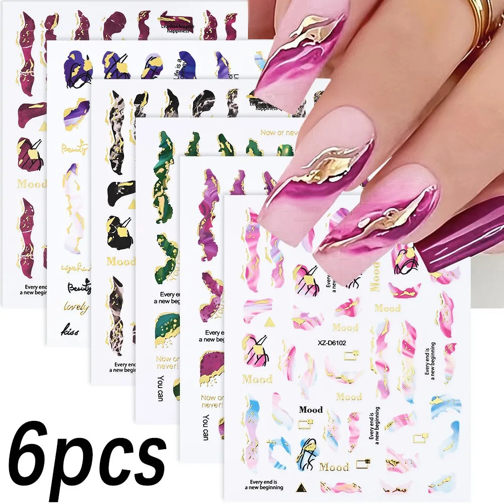 3/6/12PCS 3D Gold Foil Marble Print Nail Art Stickers Luxury Blue Gradient Ink Design Adhesive Nail Decal Geometric Nail Slider