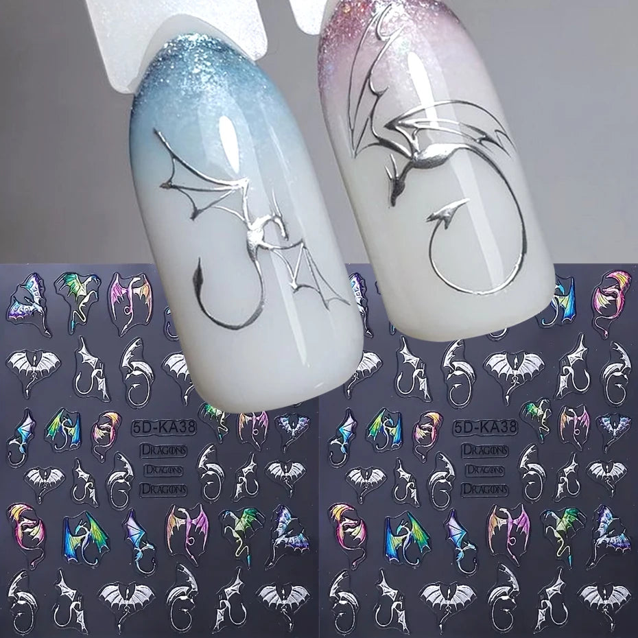 Metallic Silver ChameleonDragon Nail Art Stickers Evil Bat Flying Dragon Designs Y2K Halloween Embossed Nail Decals Decoration