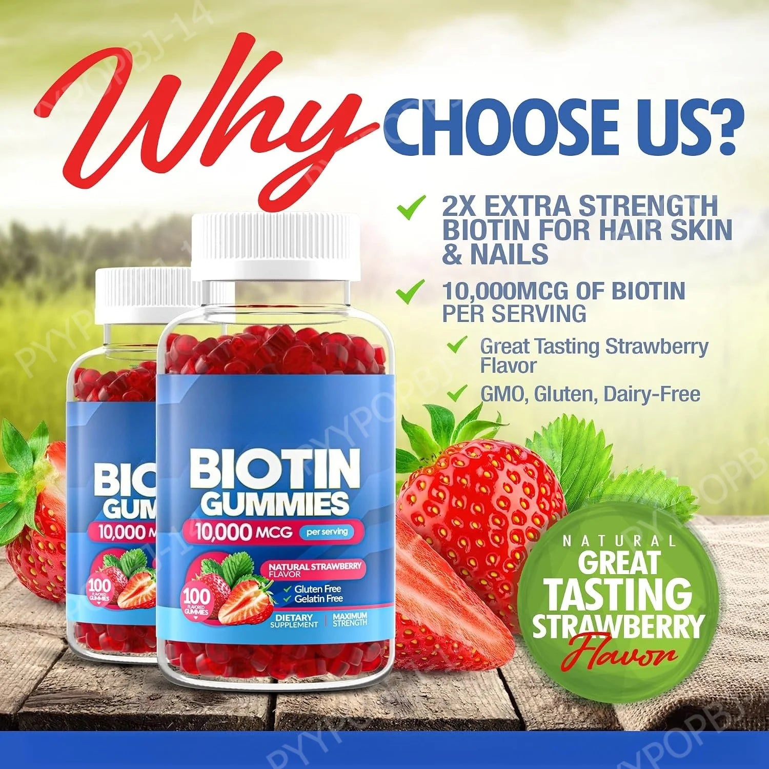 Biotin Gummies 10000 Mcg Hair Skin Nails Support, Vitamin B7 Beauty Supplement, Gluten Free Vegan Non-GMO Strawberry, 60 Gummies