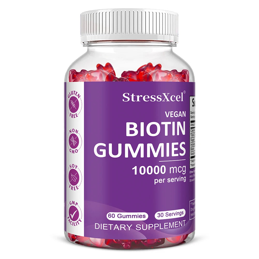 Hair, Skin & Nails Gummies - with Biotin - Promotes Hair Growth, Nourishes Skin, Strengthens Nails, Non-GMO, Strawberry Flavor