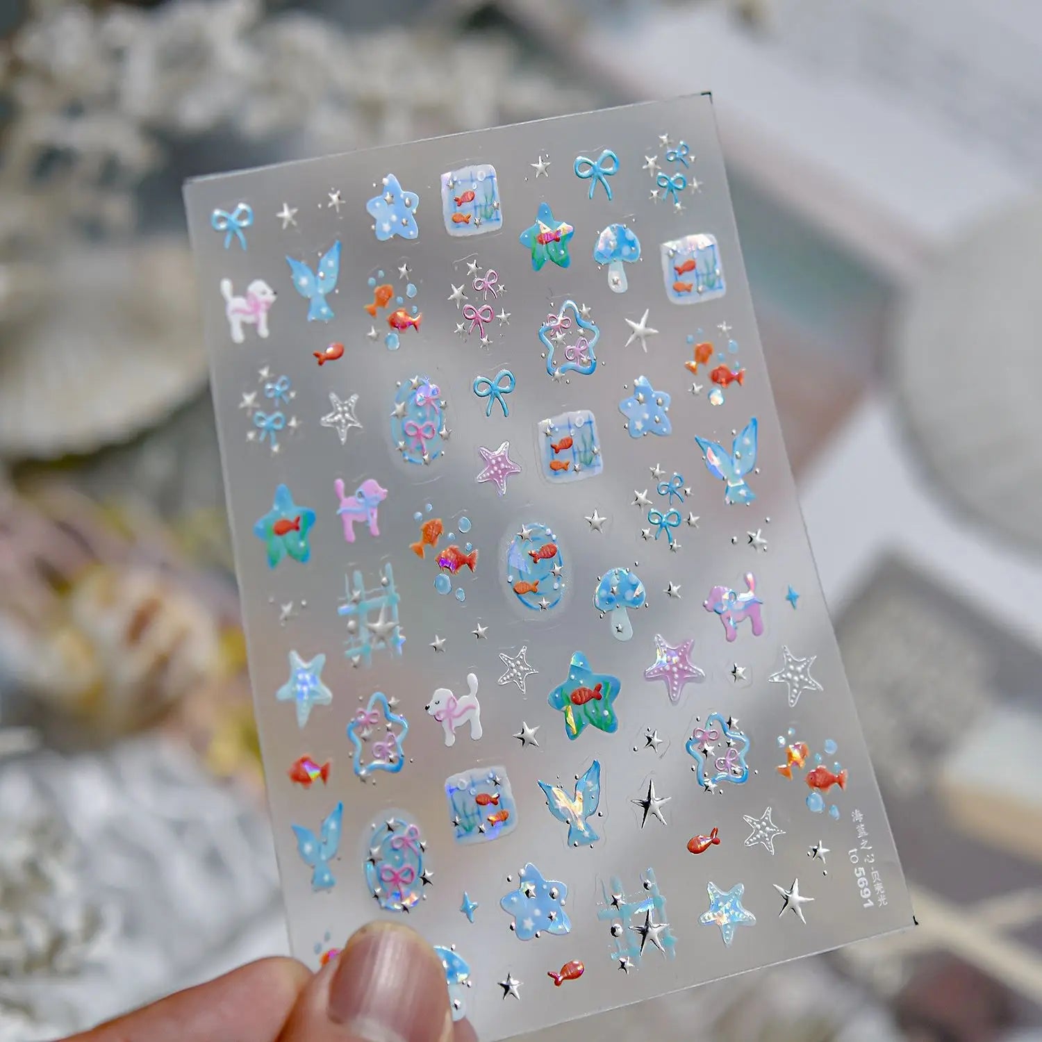 1pcs 5D Colorful Fish Starfish Coral Seaweed Shell Bubbles Ocean Nail Art Stickers Clear Jelly Tropical Fish Embossed Nail Decal