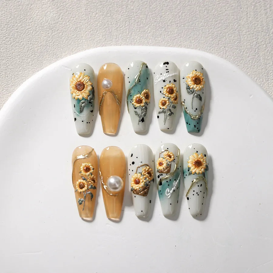1 pc 5D sunflower nail stickers rose daisy cherry blossom self-adhesive nail art stickers oil painting style decorative sticker
