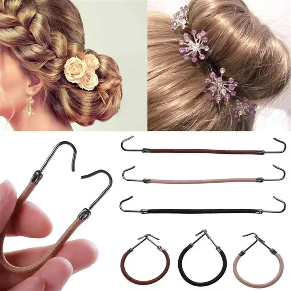 6pcs Girls Headwear Bungee Gum Band With Hook Elastic Bows Hair Band Ponytail Holder Elastic Clips