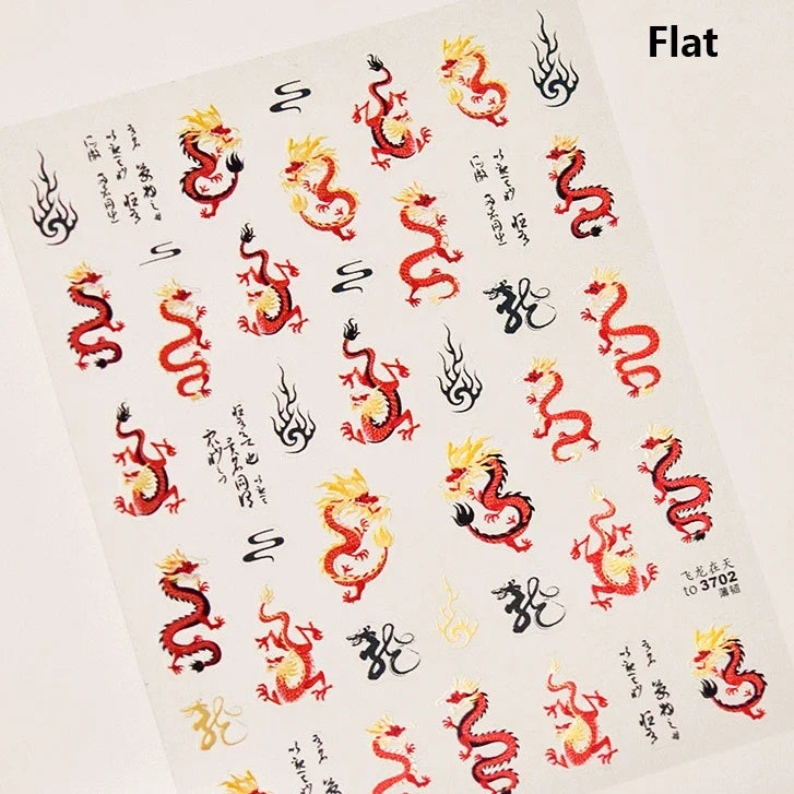 5D Kawaii Ink Wash Fairy Fox Dragon Loong Nail Art Stickers Cartoon Star Animals Backglue Nail Decoration Decals Accessories