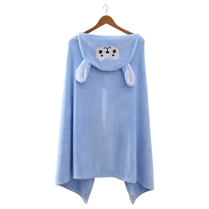 70*140cm Children's Hooded Bath Poncho Plush Coral Fleece Robe with Cartoon Cape Design Fast-Drying Baby Bath Towel