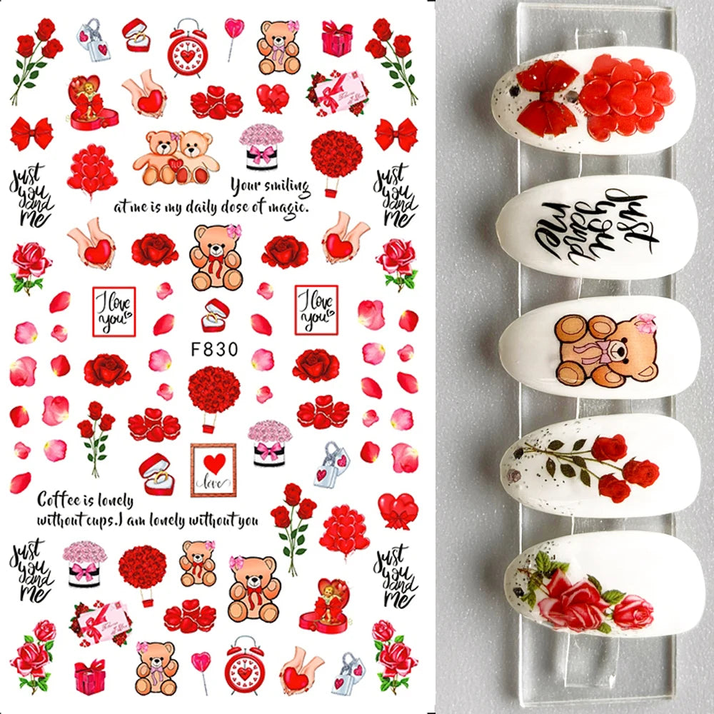 1PCS Black White Love Nail Stickers Letter Nail Design Flower Print Supplies Nail Art Decals Suitable For Women's Manicure