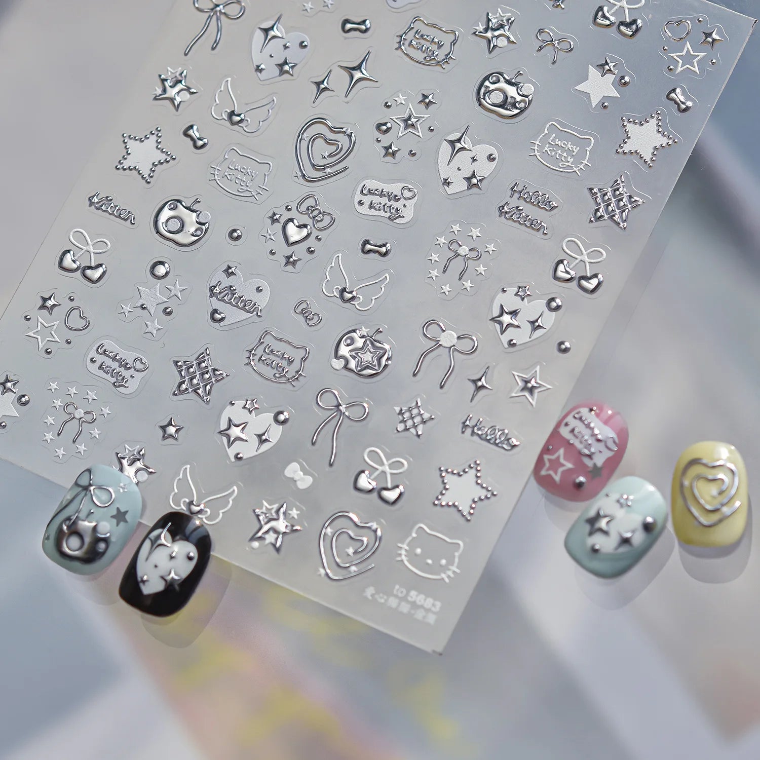 Fashion Silver Metallic Texture Nail Stickers 5D Embossed Stars Bow Love heart Cat Wings  Nail Art Stickers DIY nail decoration