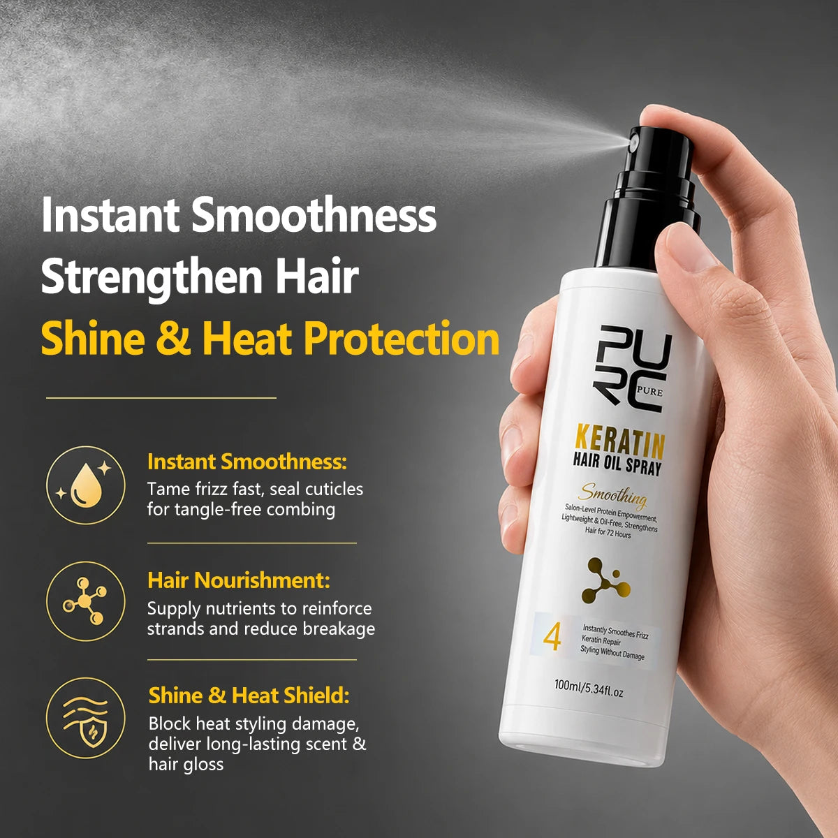 PURC Keratin Hair Oil Spray Salon Keratin Infusion Anti-Frizz Repair Shiny NonGreasy Lightweight 72H Smooth Dry Frizzy Hair Mist