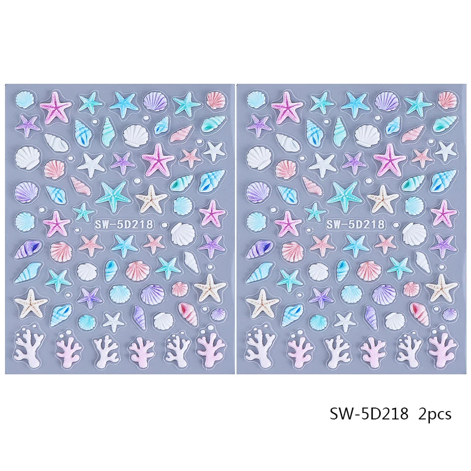 2pcs Ocean Animals Nail Art Stickers 5D Embossed Starfish Seashell Conch Coral Nail Decals DIY Summer Manicure Decoration Slider