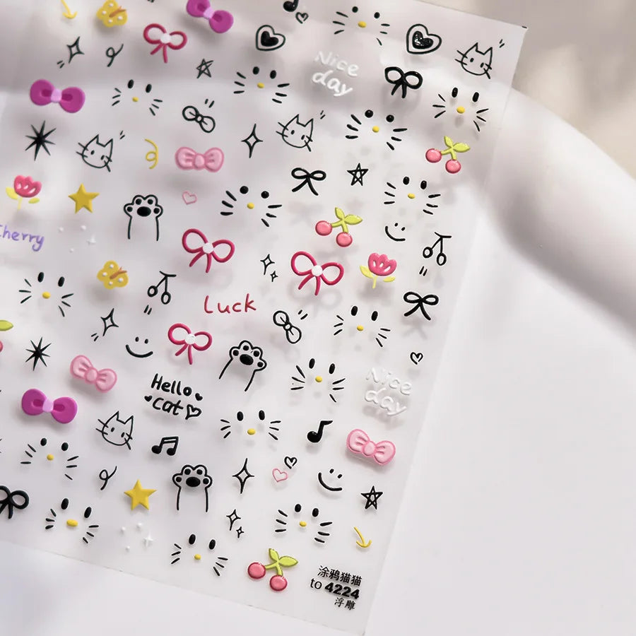 1pcs Japanese Cute Graffiti Lines Nail Art Stickers 5D Embossed Butterfly Rabbit Nail Art Accessory Stickers Self Adhesive Decal