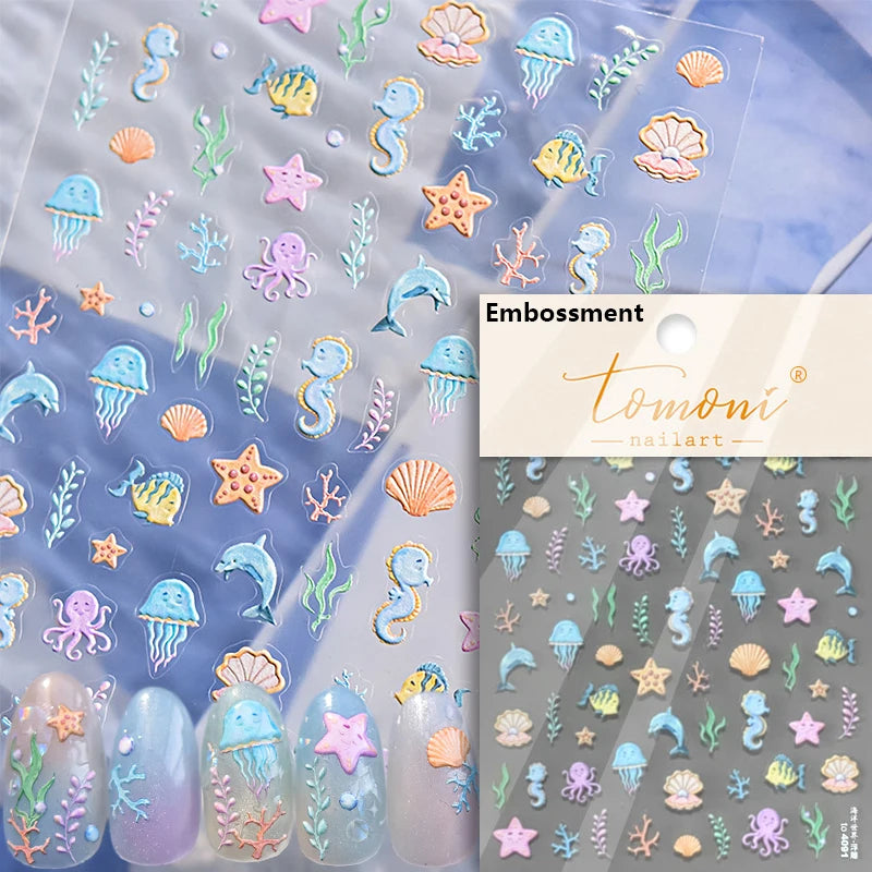 1 piece of 5D marine life nail stickers coral dolphin jellyfish shell conch starfish sea soft relief decorative nail art sticker