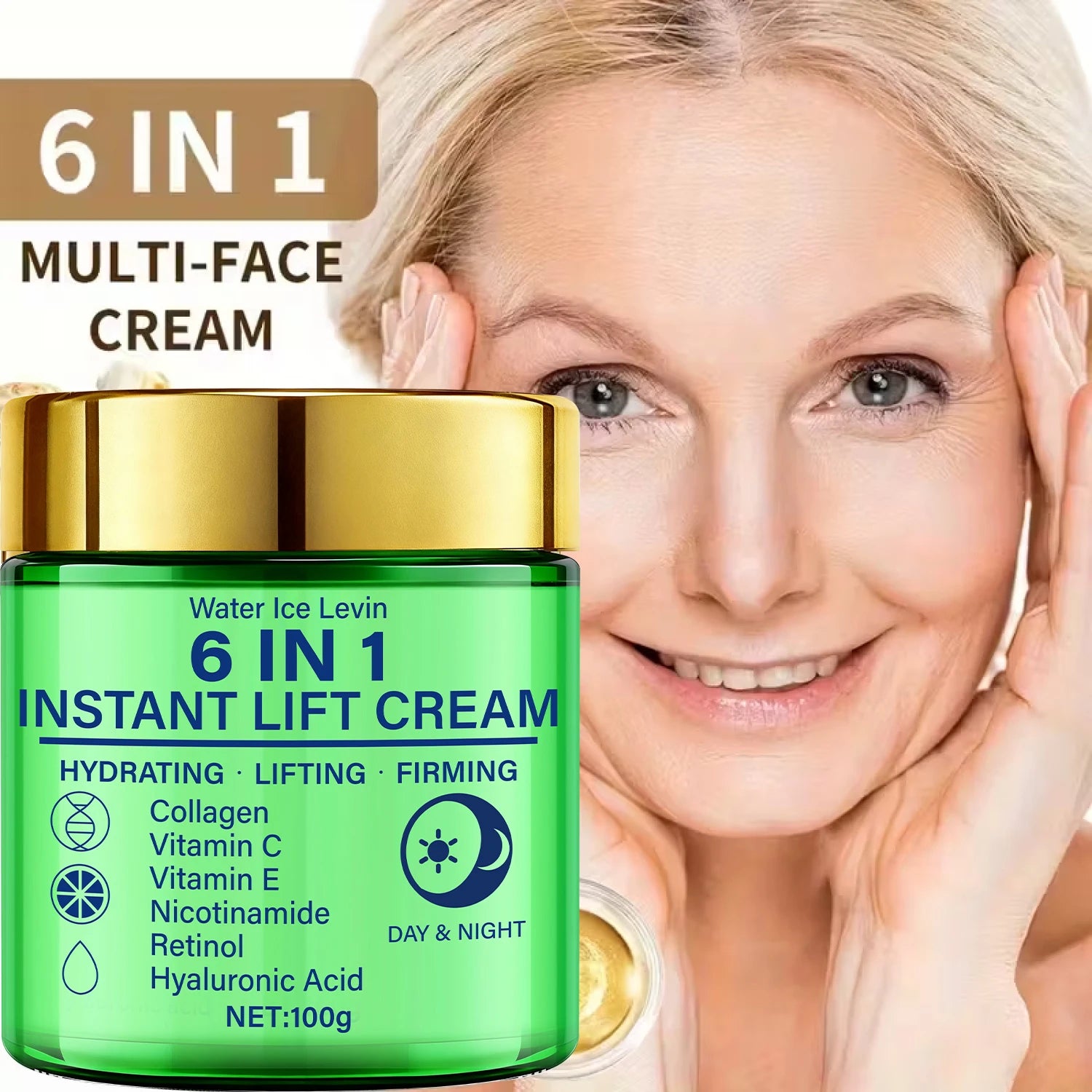 6-in-1 Instant Lift Cream Collagen Vitamin C Retinol Blend. Hydrates, Lifts, Firms Skin. Day Night Use. Visible Tightening. 100g.