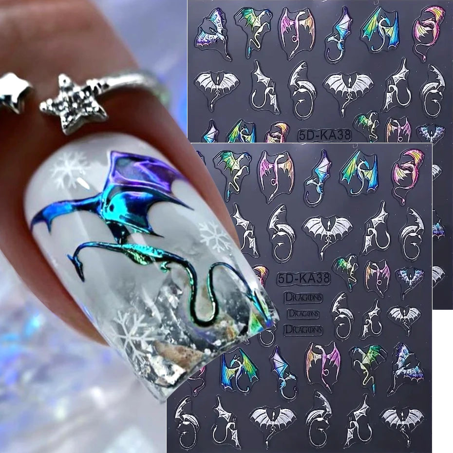 Metallic Silver ChameleonDragon Nail Art Stickers Evil Bat Flying Dragon Designs Y2K Halloween Embossed Nail Decals Decoration