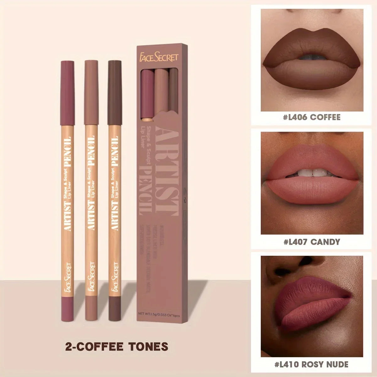 Face Secret 3pcs Set Nude Lip Liner, Natural Matte,Long-Lasting Waterproof,High Pigmented Hook Line Lip Pencil Makeup