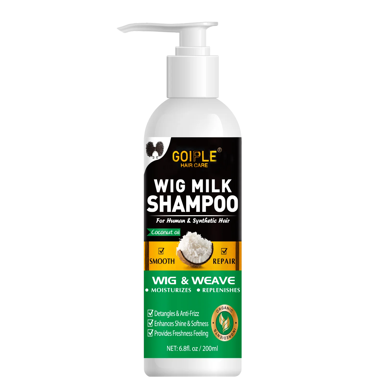 GOIPLE Natural Coconut Oil Wig Milk Shampoo Smooth Repair Moisturizes Frizzy Hair for Wigs Wave 2 in 1 Wig Wash Care Product