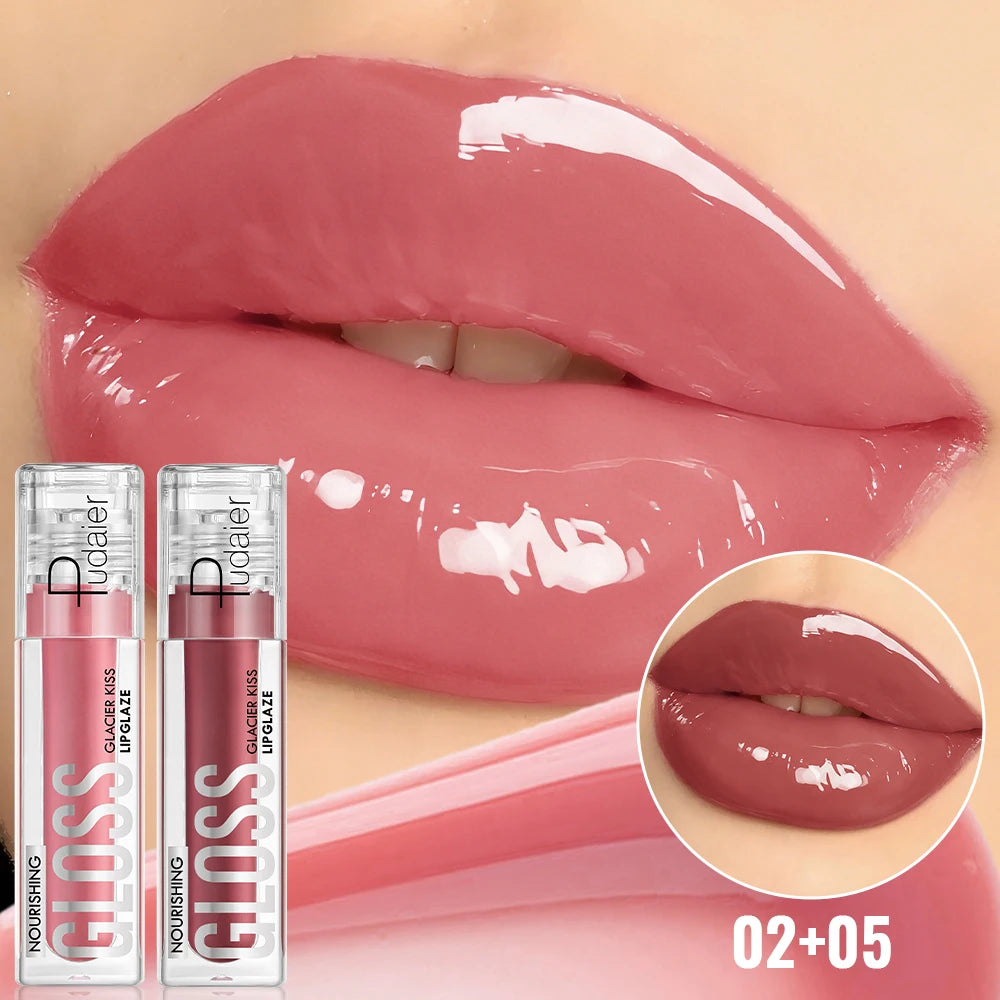 2Pcs Hydrating Glass Lip Gloss Set Plumping Waterproof Long Lasting Non-sticky Lip Tint
