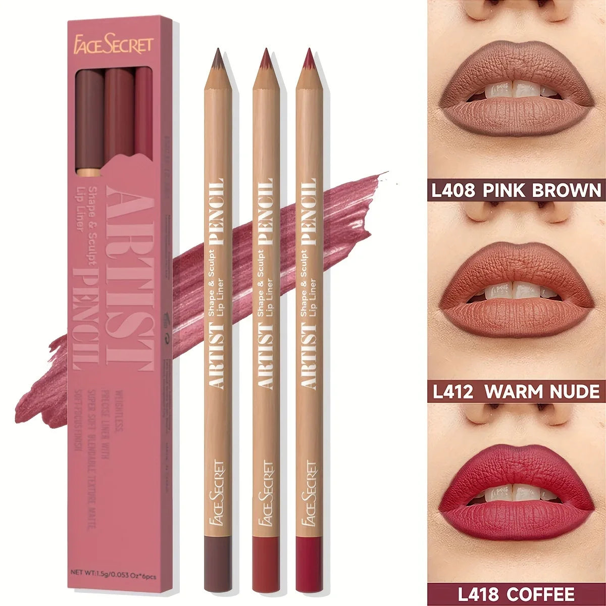 Face Secret 3pcs/Set Coffee Tones Beige Matte Lip Liner Waterproof,Long-Lasting, Velvet Smooth Natural Soft Pencil Lipstick