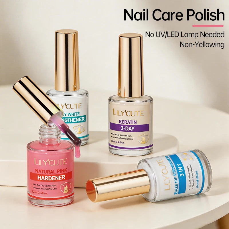 LILYCUTE 12ML Nail Care Polish Milky White Pink Strengthener 3 in 1 Effect Long Lasting Base Top Varnish Drying No Need Lamp