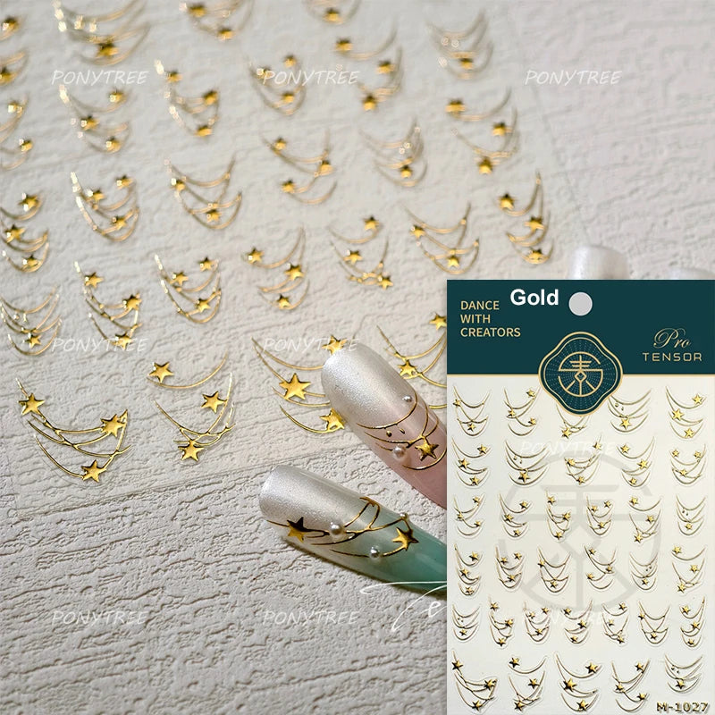Geometric Lines Star Love Heart Chain Silver Gold Lava Letter Flower Growth Ring Number 5D DIY Nail Art Stickers Manicure Decals