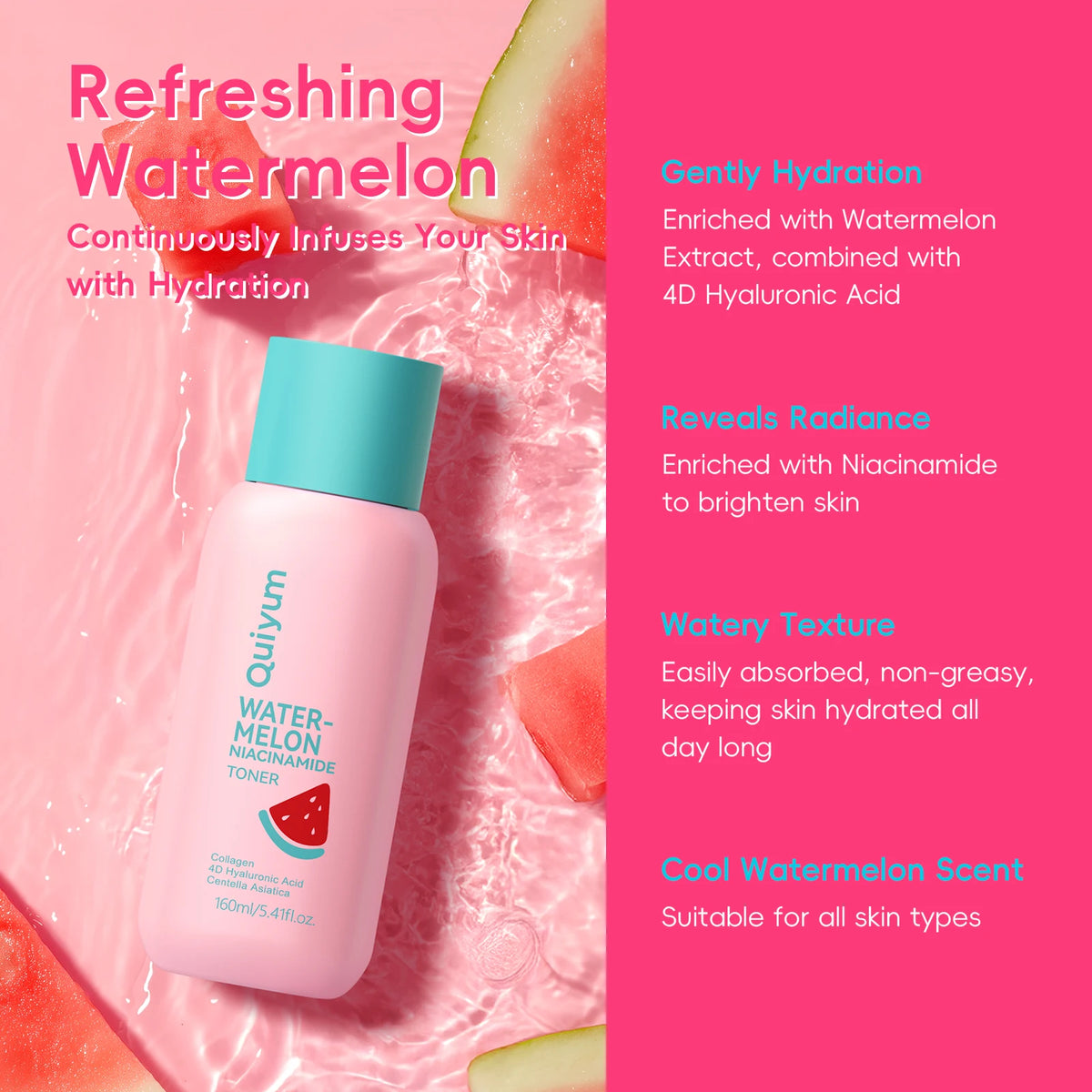 Quiyum Watermelon Niacinamide Toner 160ml Deep Hydration Reveal Radiance with 4D Hyaluronic Acid