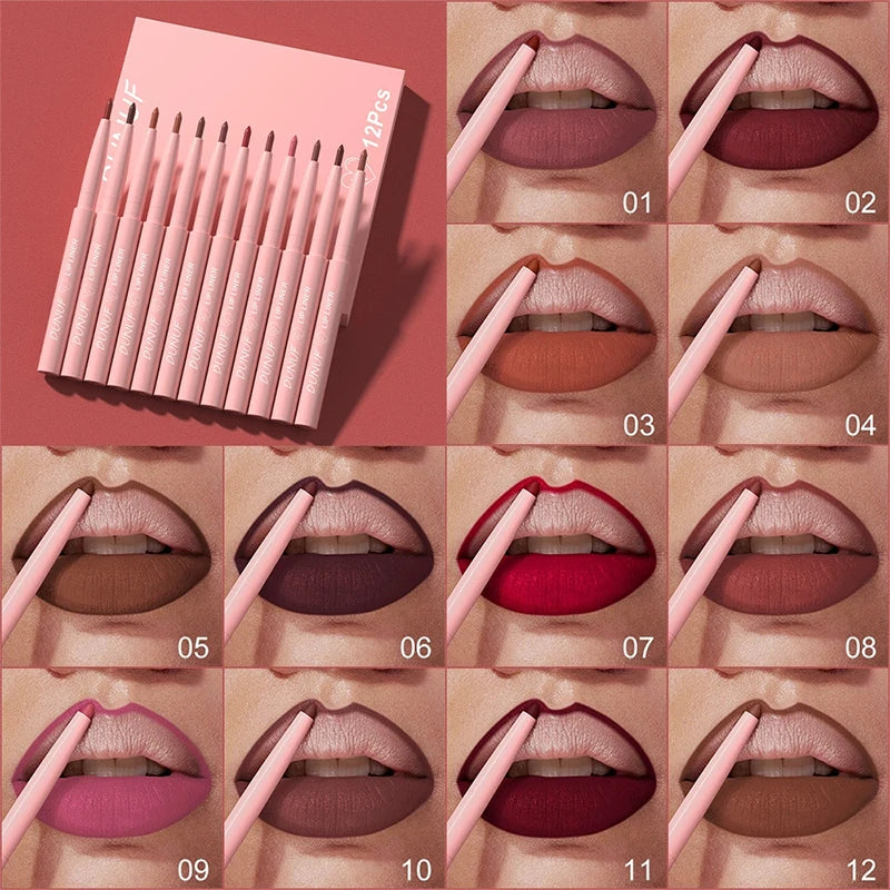 Matte Lip Liner Pencil Set 12 Colors Lip Contour Lipstick Waterproof Non-transfer Highly Pigmented Nude-pink Daily&Party Makeup