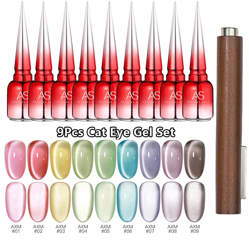 AS 9pcs Cat Eye Magnetic Moonlight Gel Nail Polish Set 15ml Sparkle White Silver Water Light Red UV Gel Nail Art Manicure Vernis