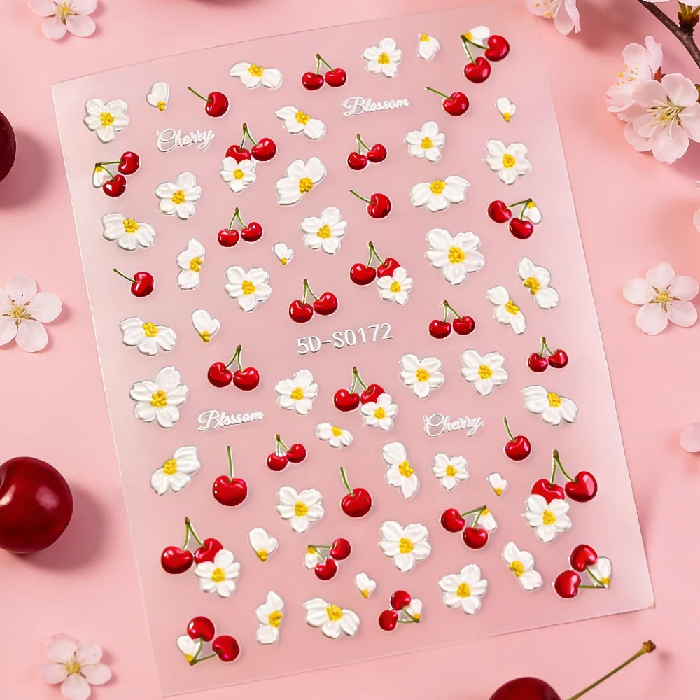 1Pcs 5D Cherry Daisy Nail Stickers Cute 3D Red Cherry White Flower Self-Adhesive Nail Art Decals Summer DIY Manicure Decoration