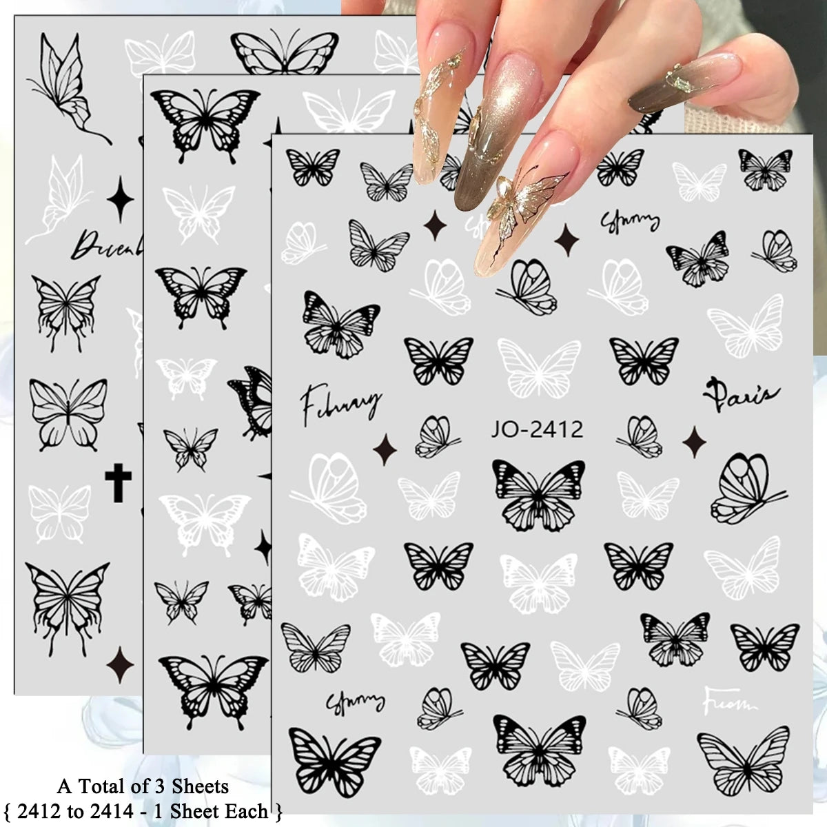 3/6/12 Sheets 3D Black White Butterfly Nail Stickers Self Adhesive Gothic French DIY Manicure Nail Decals