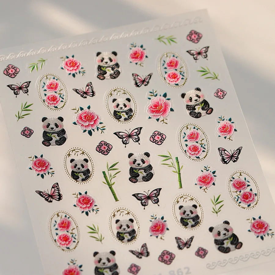 1pcs 5D Embossed Chinese Bamboo Panda Design Nail Art Kawaii Stickers Self-adhesive Transfer Nail Decorations Slider Decals DIY