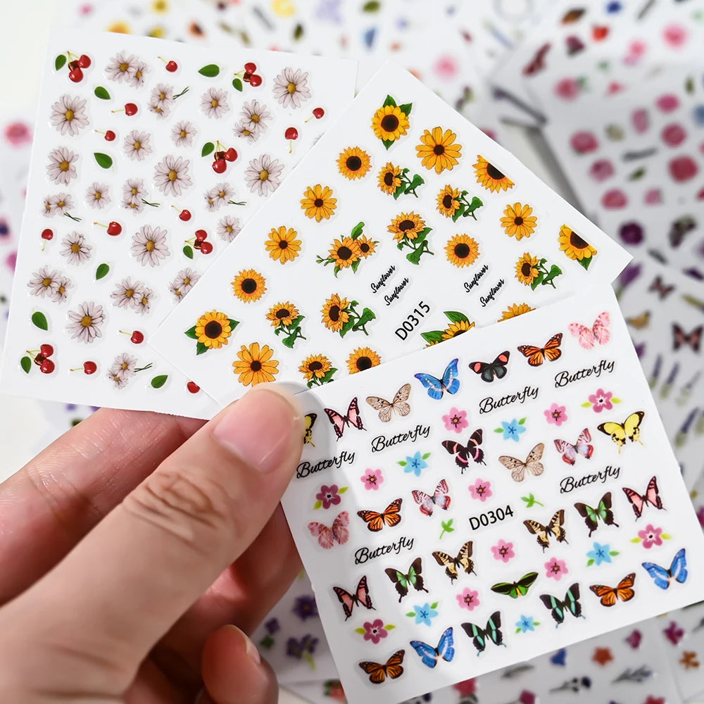 30Pcs/set Colorful Butterfly/Flowers Nail Stickers Kawaii Cute Mini Rose/Lavender/Sunflower Nail Decal DIY Adhesive Nail Floret