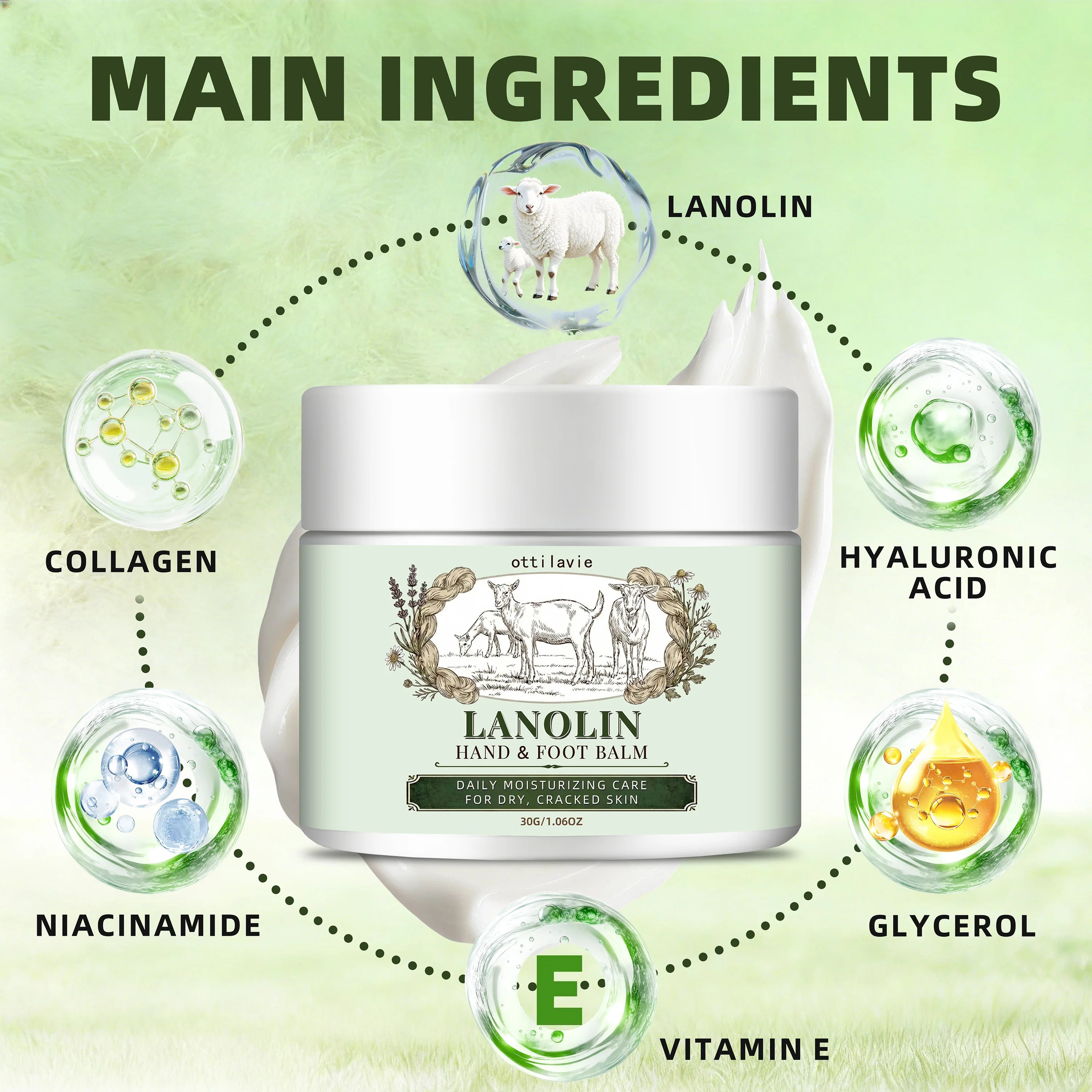 Ottilavie Lanolin Hand & Foot Cream • Intensive Moisturizing • For Dry Cracked Skin • All Skin Types • Unisex • Travel Size