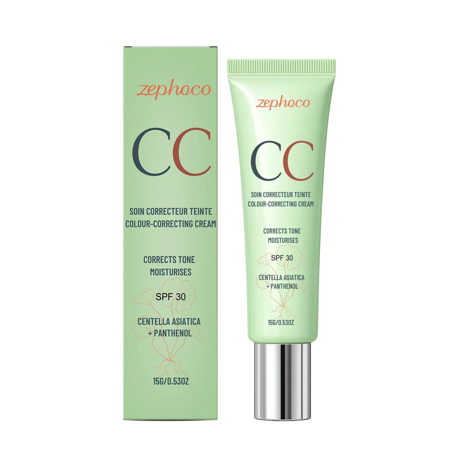 Zephoco Color Correcting Cream SPF 30 Anti UV Sun Protection Redness Blemish Cover Waterproof Centella CC Cream Foundation 15g