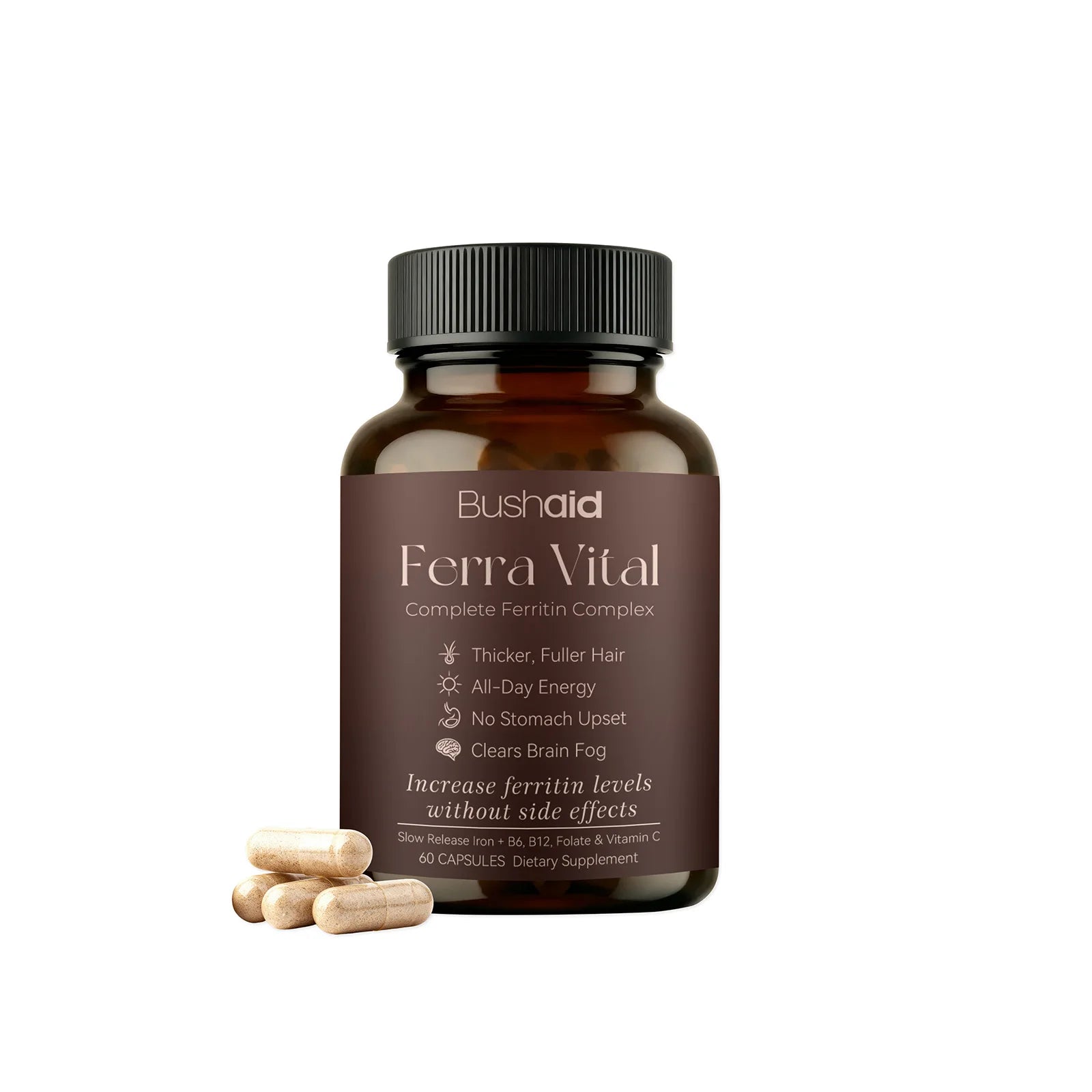 BushAid Ferra Vital Ferritin Complex with Iron Zinc Vitamins B6 B12 Supports Hair Shine Energy Focus Scalp Wellness 60 Capsules