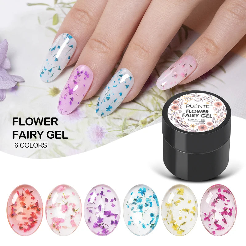 PUENTE 5ml Flower Fairy Gel Nail Polish Pink Blue Purple Natural Dried Flowers Gel For Nail Art Soak Off UV Varnish For Manicure