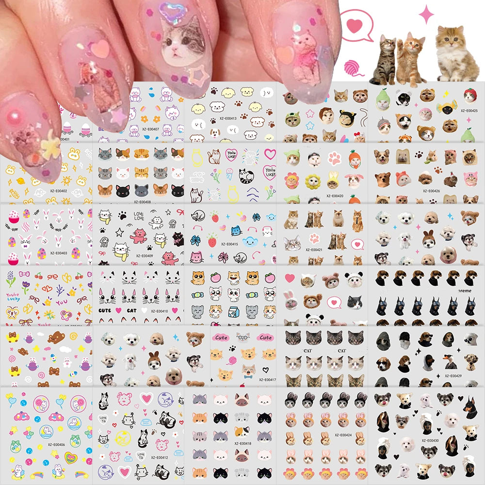 30pcs Cute The Cat Dog in the Hat Nail Stickers 3D Lovely Animal Kitten Puppy Pets Nail Decals Self-Adhesive Cartoon Nail Slider