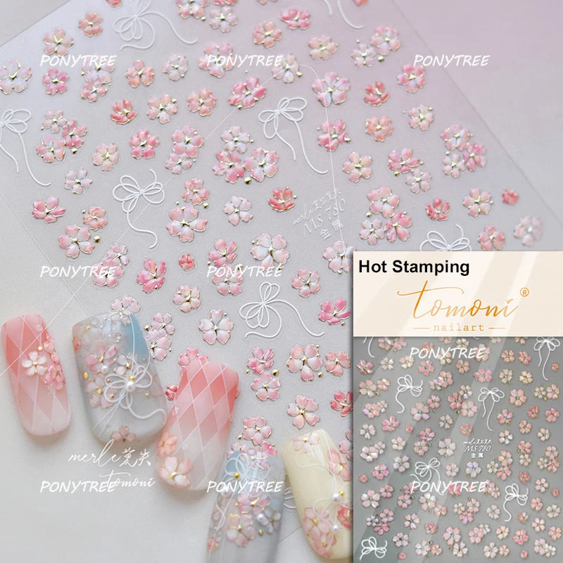 Elegant Pink Purple Flower Rose Colourful Gentle Petal Peach Blossom Metal Shiny Self Nail Art Sticker Decoration Manicure Decal