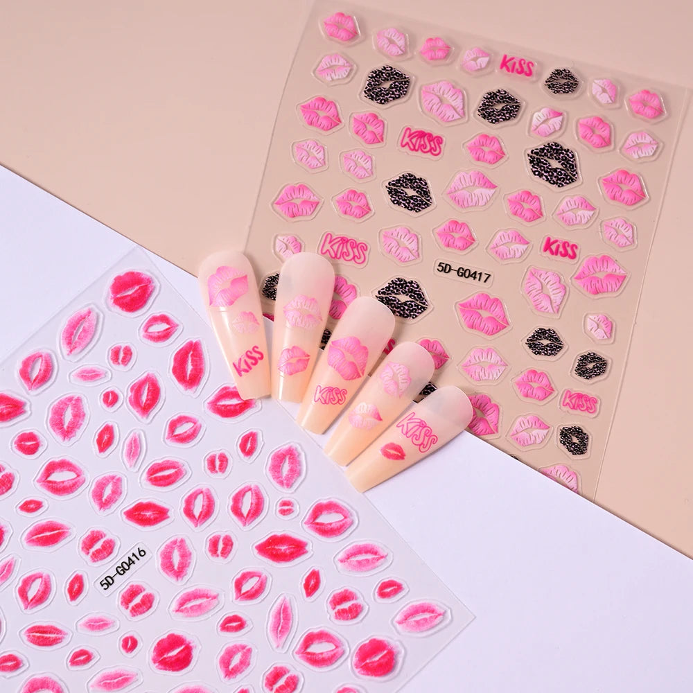 2pcs Valentines 3D Red Lips Print Nail Art Stickers Pink Kisses Nail Decals Adhesive Slider Valentine's Day Manicure Accessories