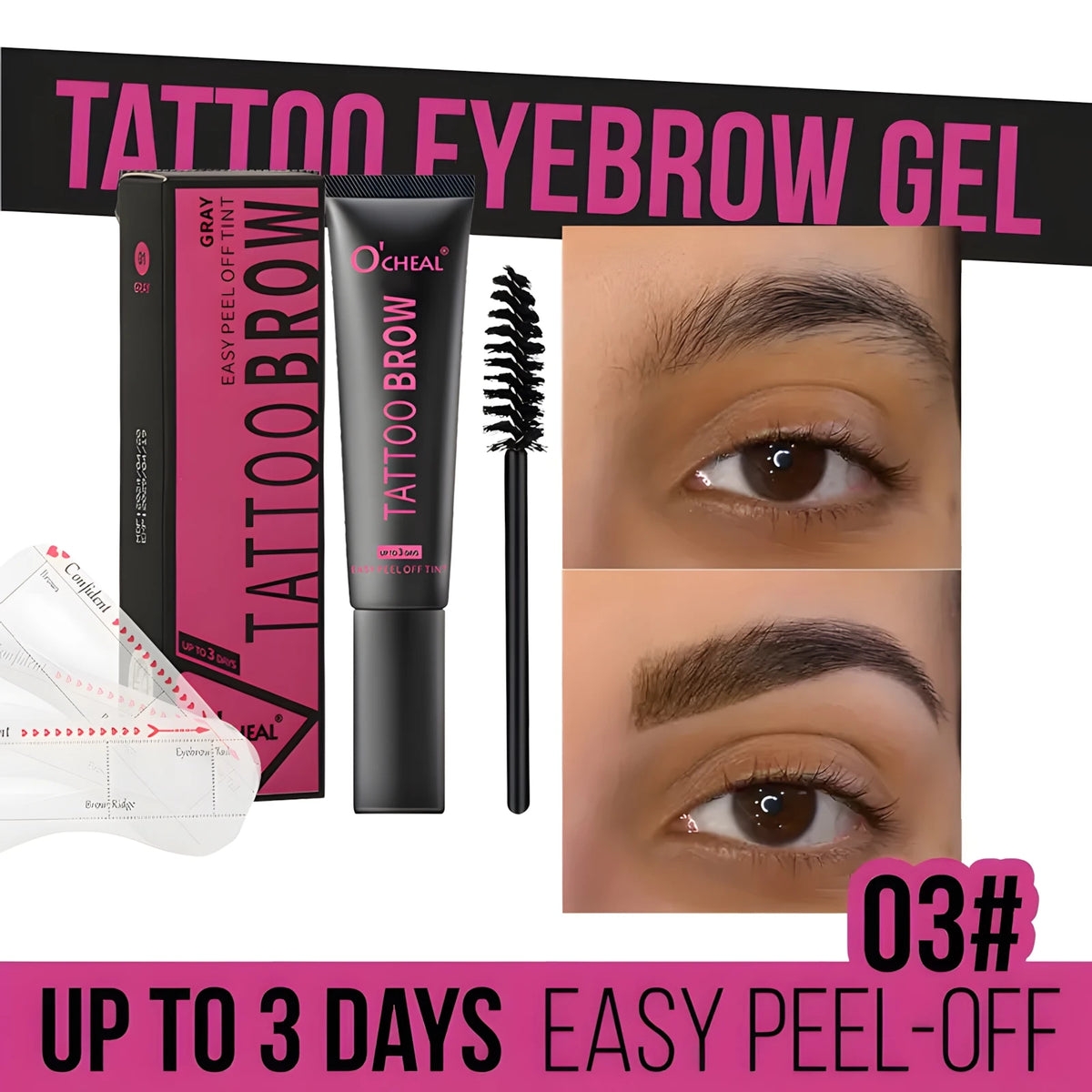 Waterproof Tattoo Brow Peel Off Tint with Stencils - Semi-Permanent Eyebrow Tint Lasts Up to 3 Days - Easy to Apply and Long-Las