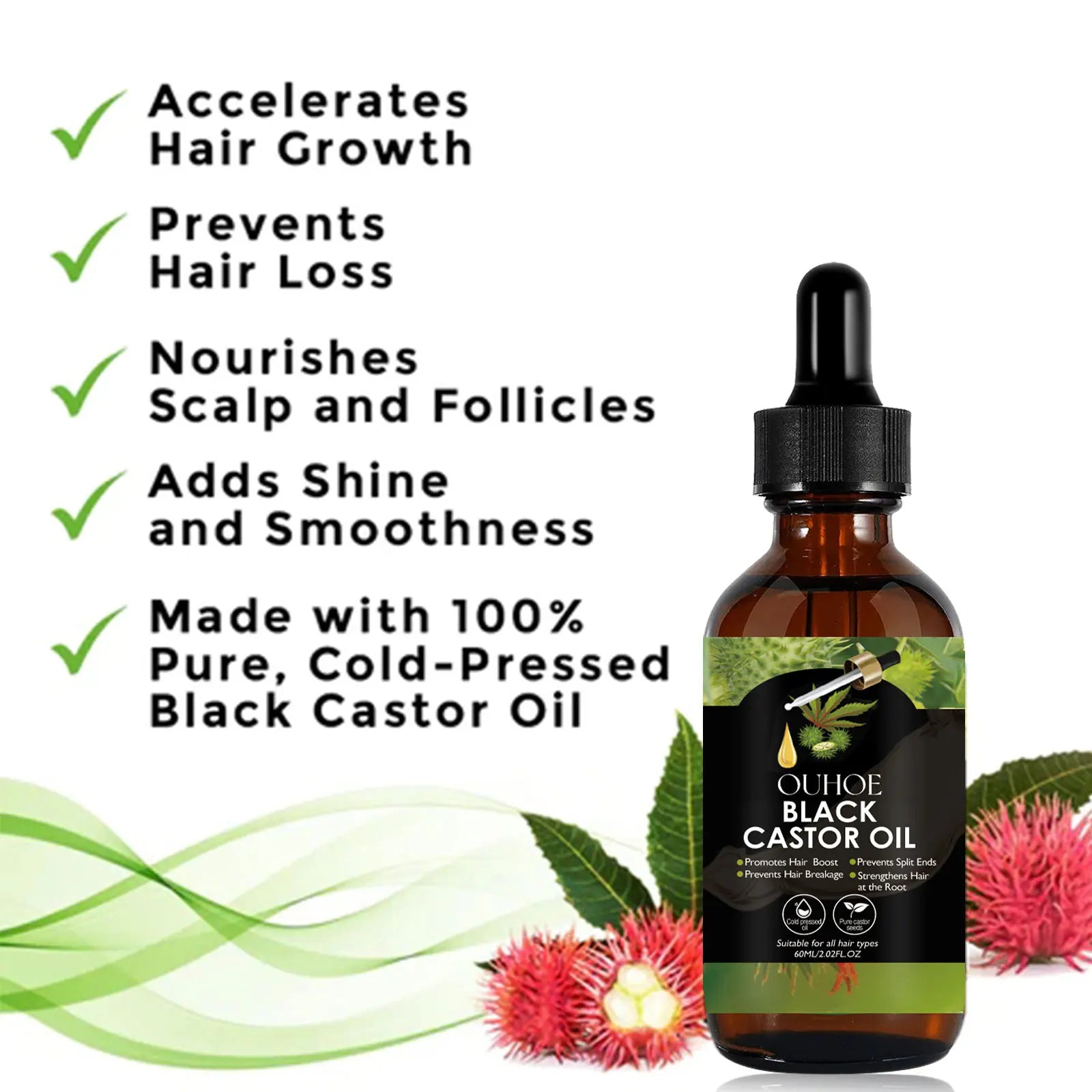 OUHOE Black Castor Oil 100% Organic Moisturize Hair Growth Serum Prevent Hair Loss Soft Bright Dense Hair Care Essential Oil