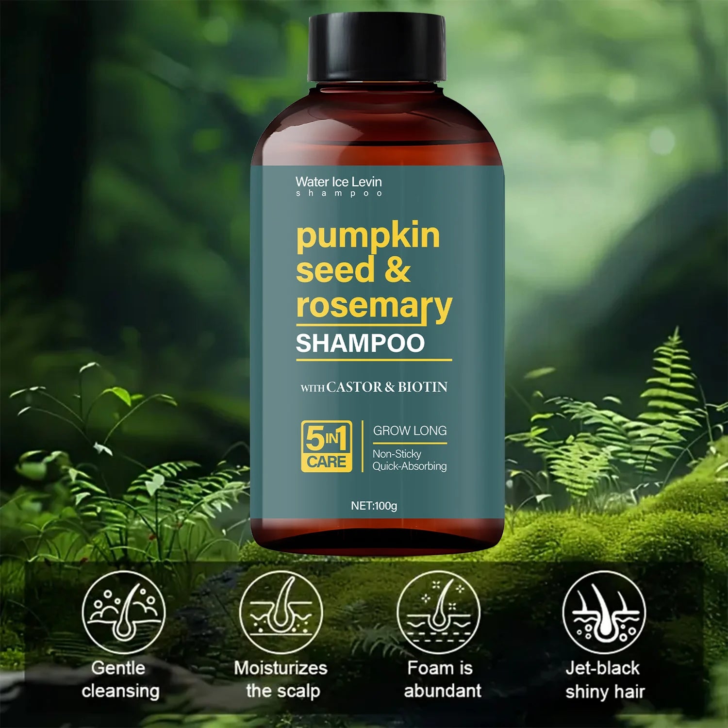 Water Ice Levin Pumpkin Seed & Rosemary Shampoo with Castor Oil & Biotin for Hair Growth, 5M Care, Non-Sticky Formula